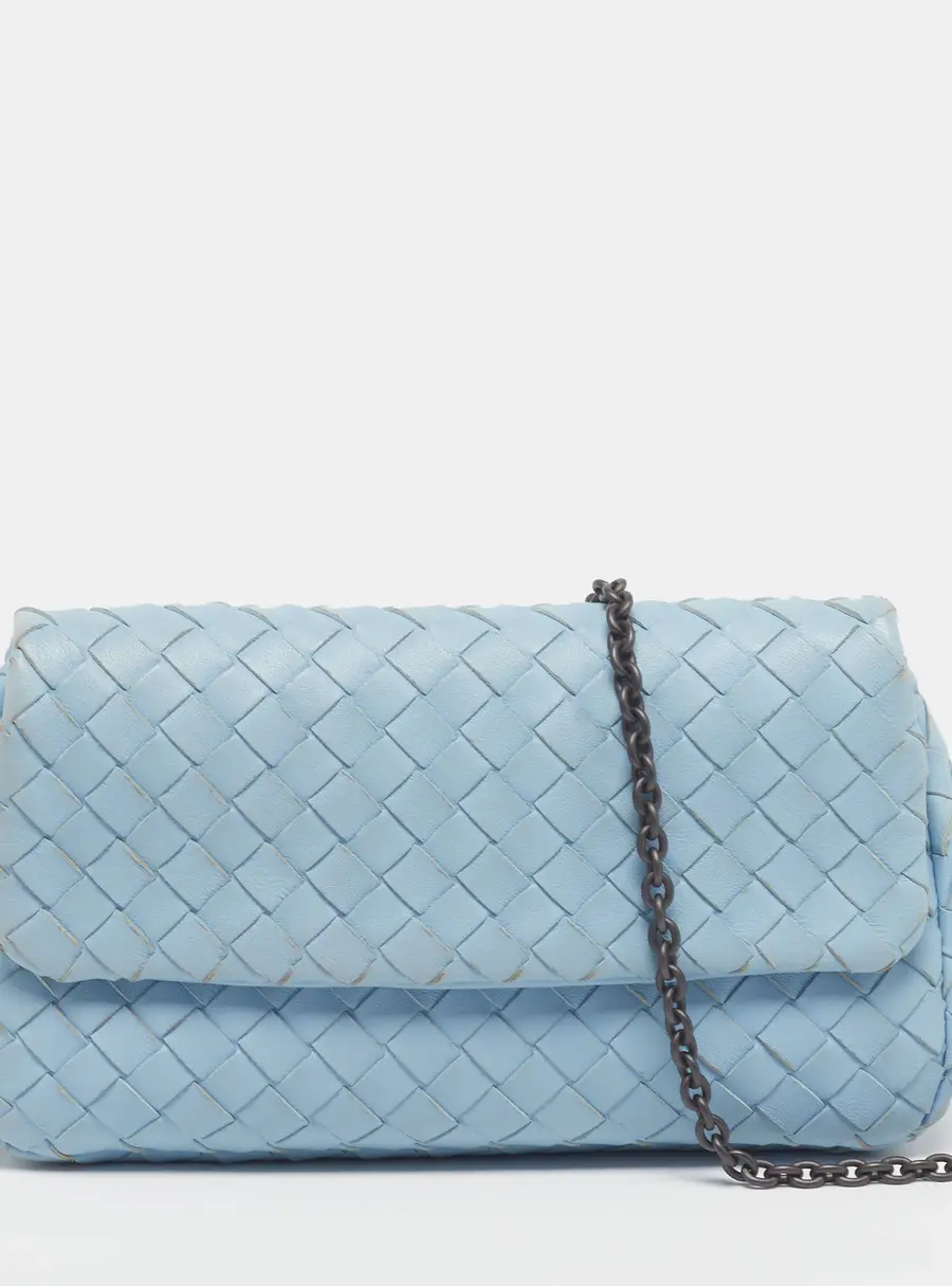 Bottega Veneta Light Blue Intrecciato Leather Chain Crossbody Bag