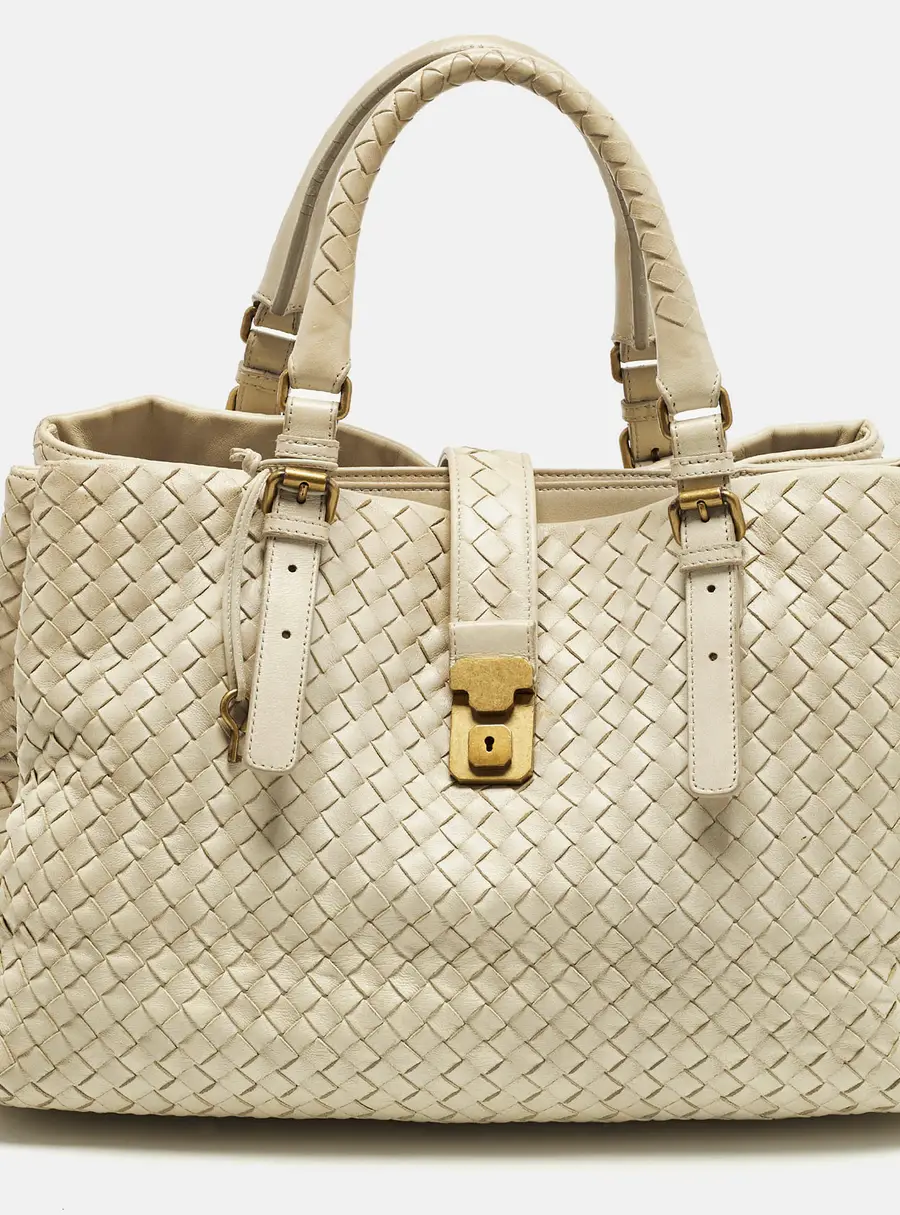 Bottega Veneta Roma Large Off White Intrecciato Leather Tote