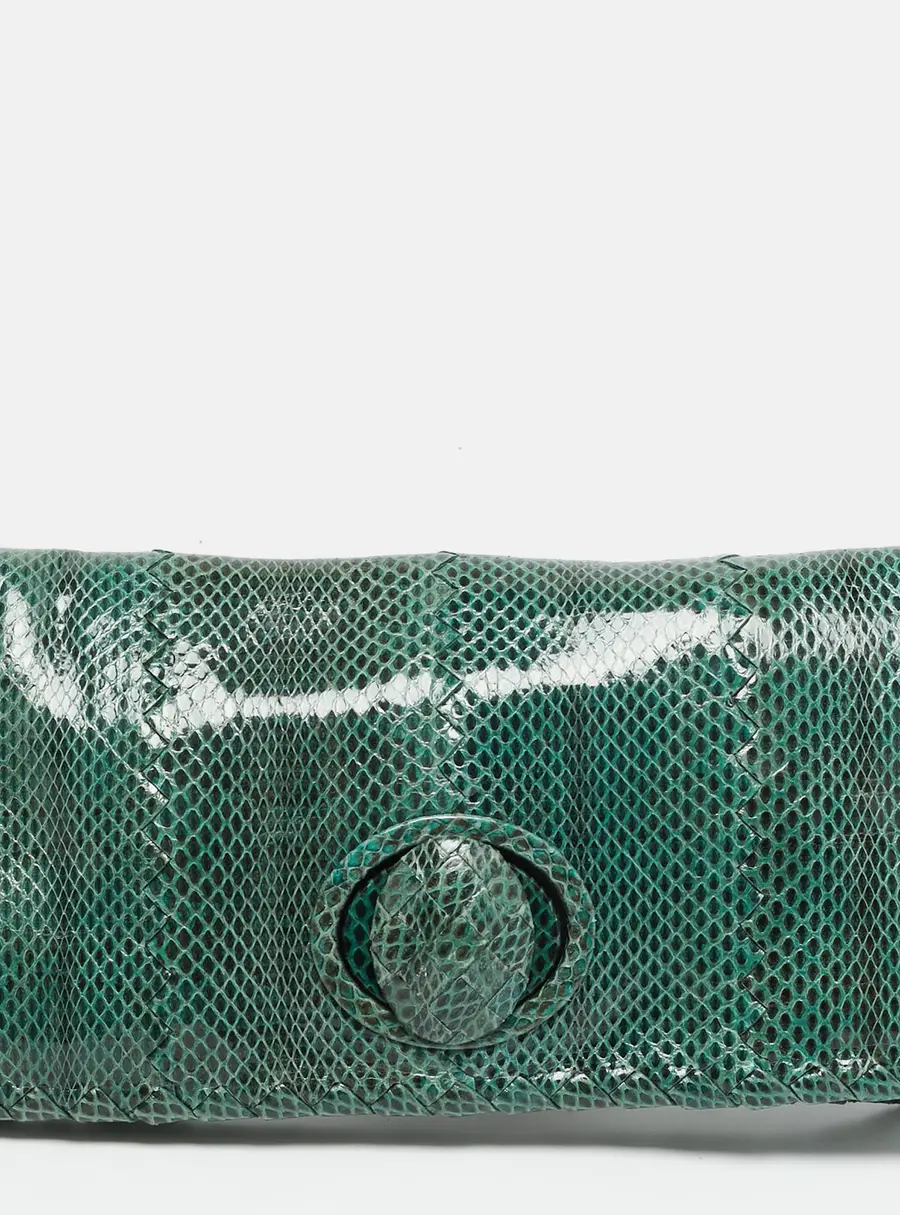 Bottega Veneta Turnlock Green Watersnake Leather Flap Clutch