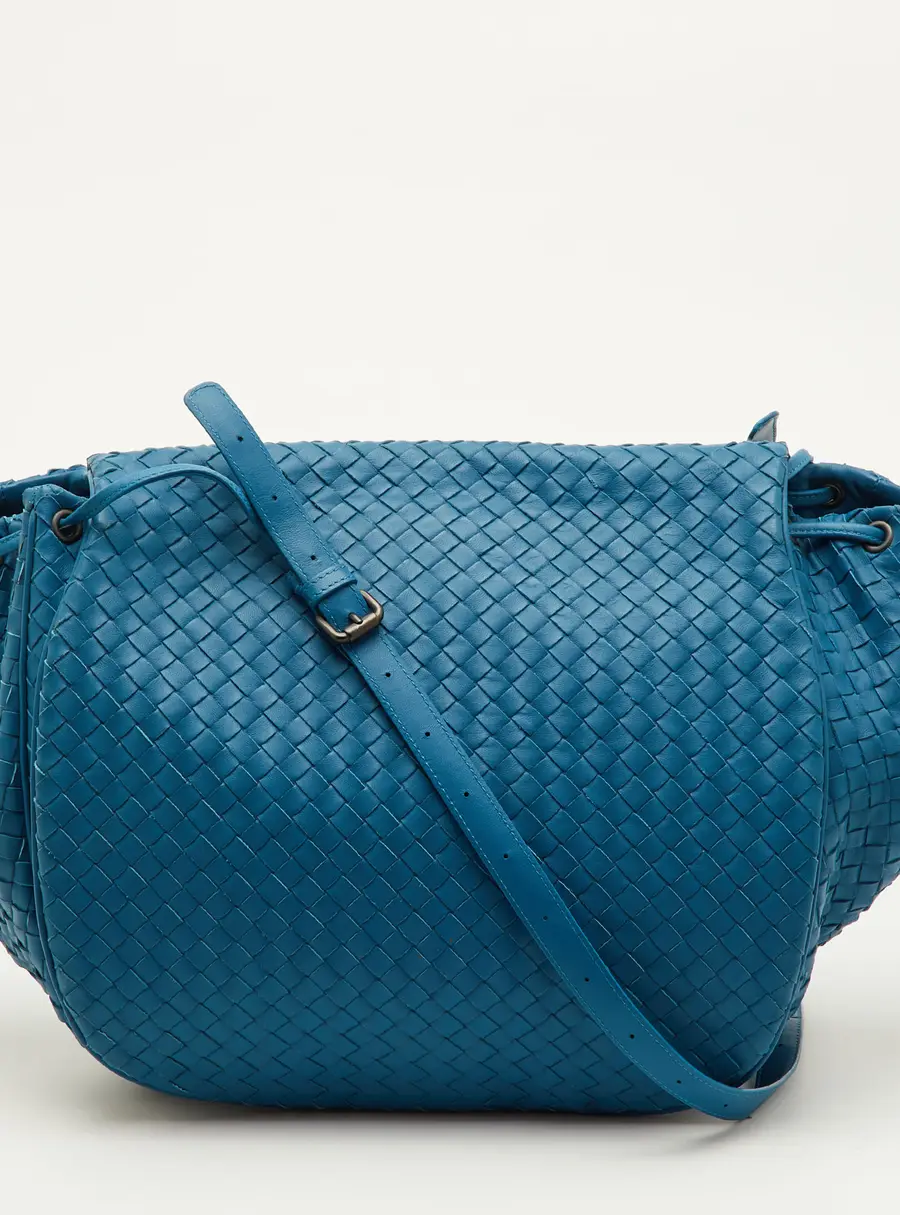 Bottega Veneta Tabita Drawstring Intrecciato Medium Blue Leather Flap Shoulder Bag