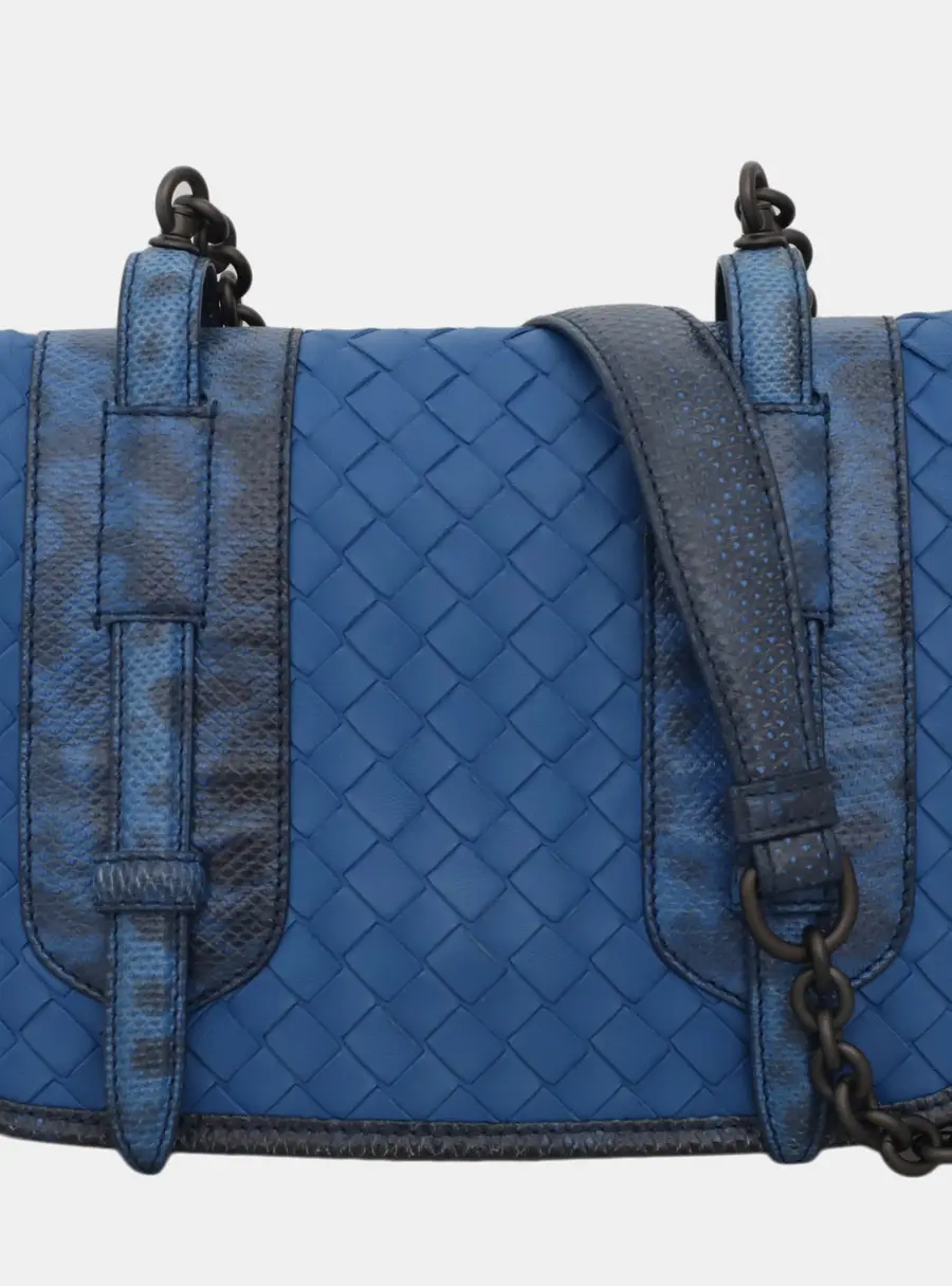 Bottega Veneta Flap Crossbody Bag Blue Intrecciato Karung Leather Crossbody Bag