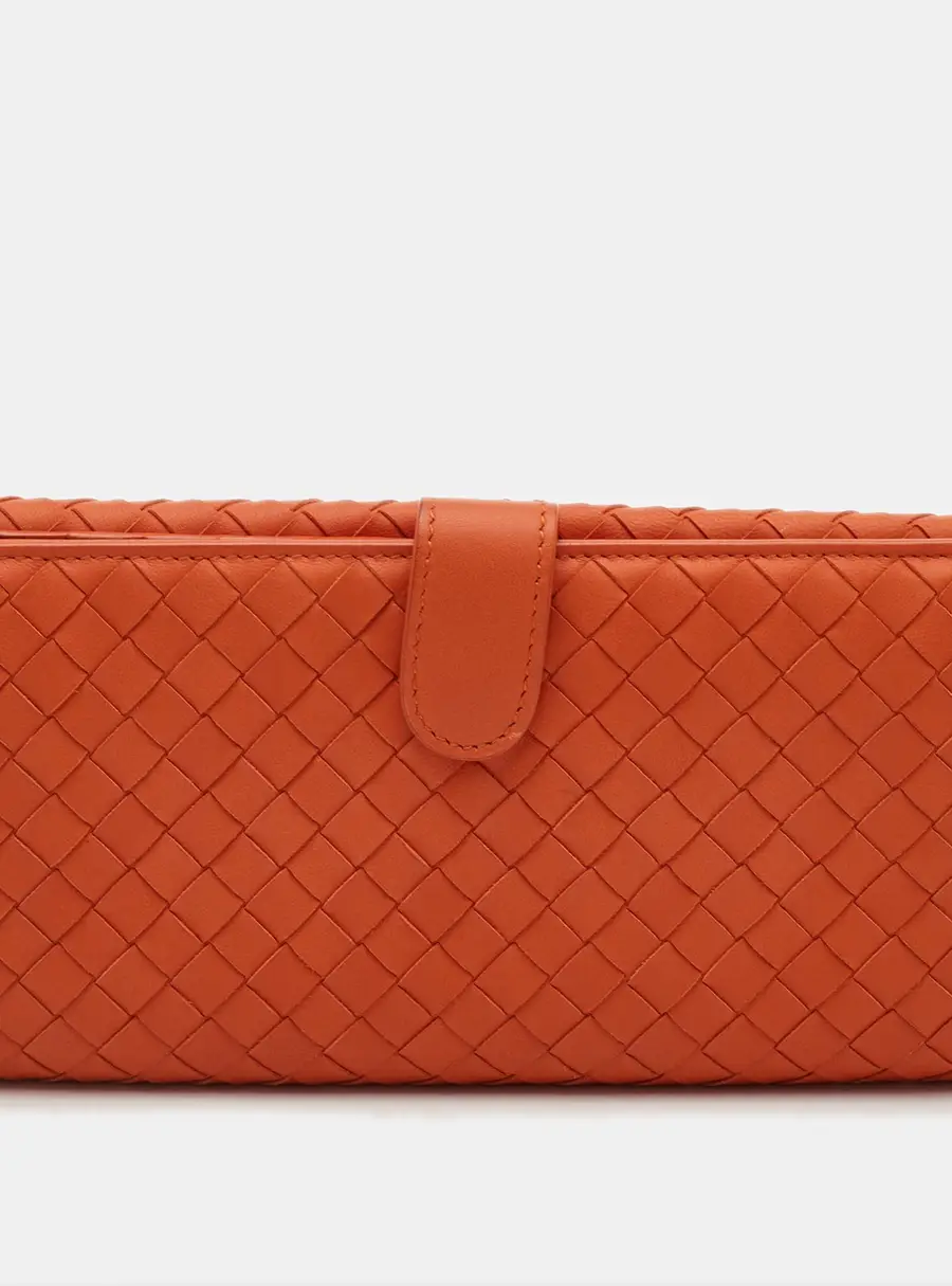 Bottega Veneta Intrecciato Orange Leather Flap Continental Wallet