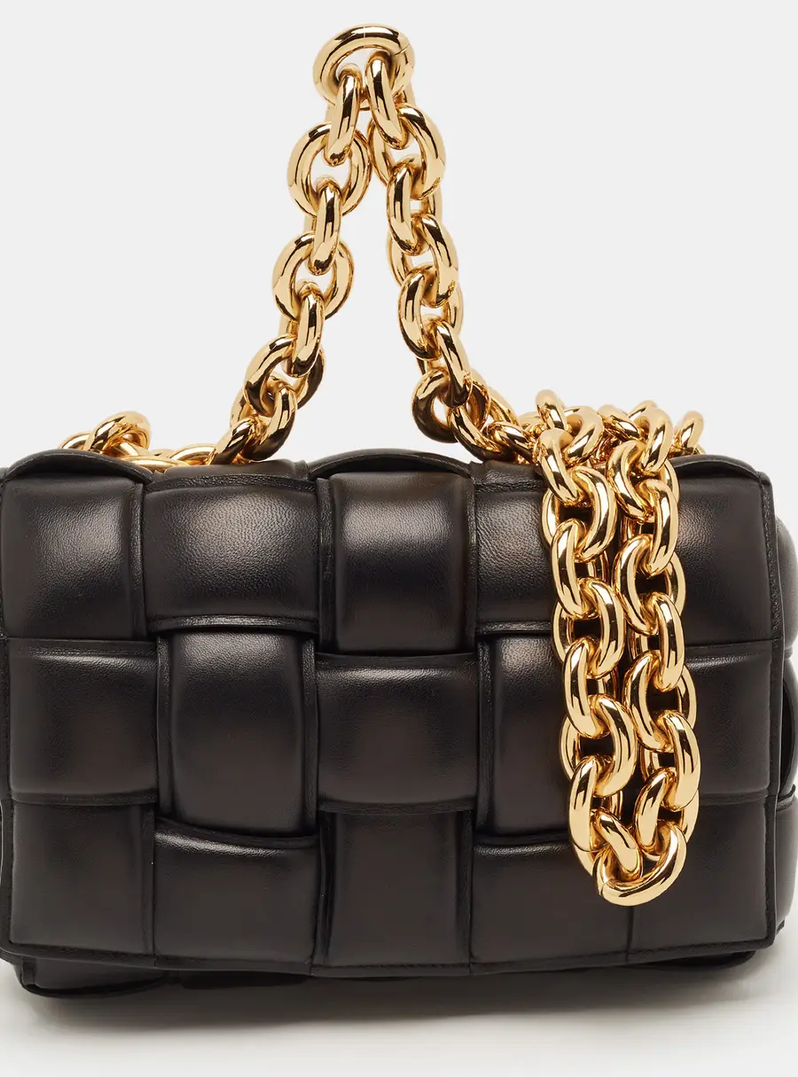 Bottega Veneta Cassette Padded Chain Black Leather Shoulder Bag