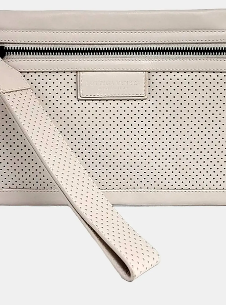 Bottega Veneta Perforated Medium Cream Leather Pouch Clutch Bag