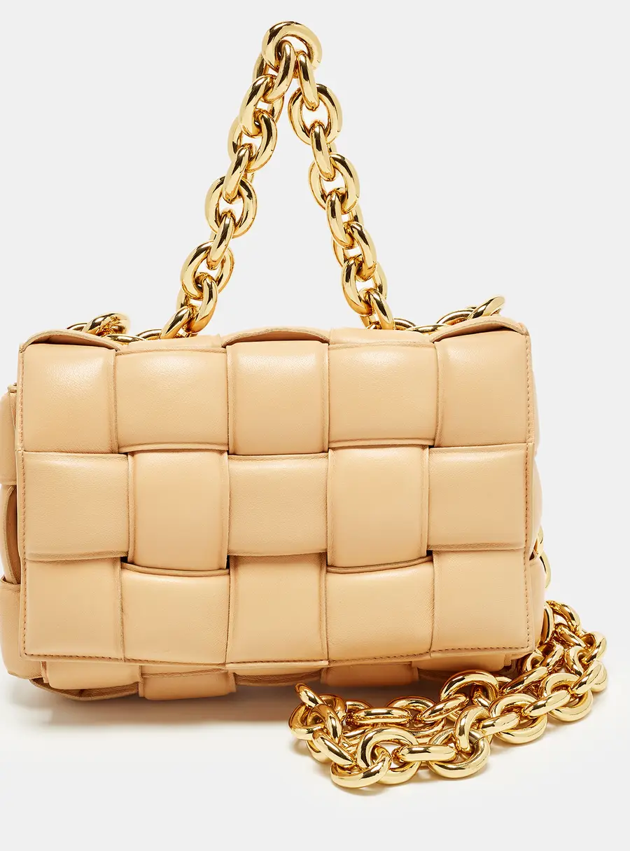 Bottega Veneta Padded Cassette Chain Beige Intreccio Leather Bag