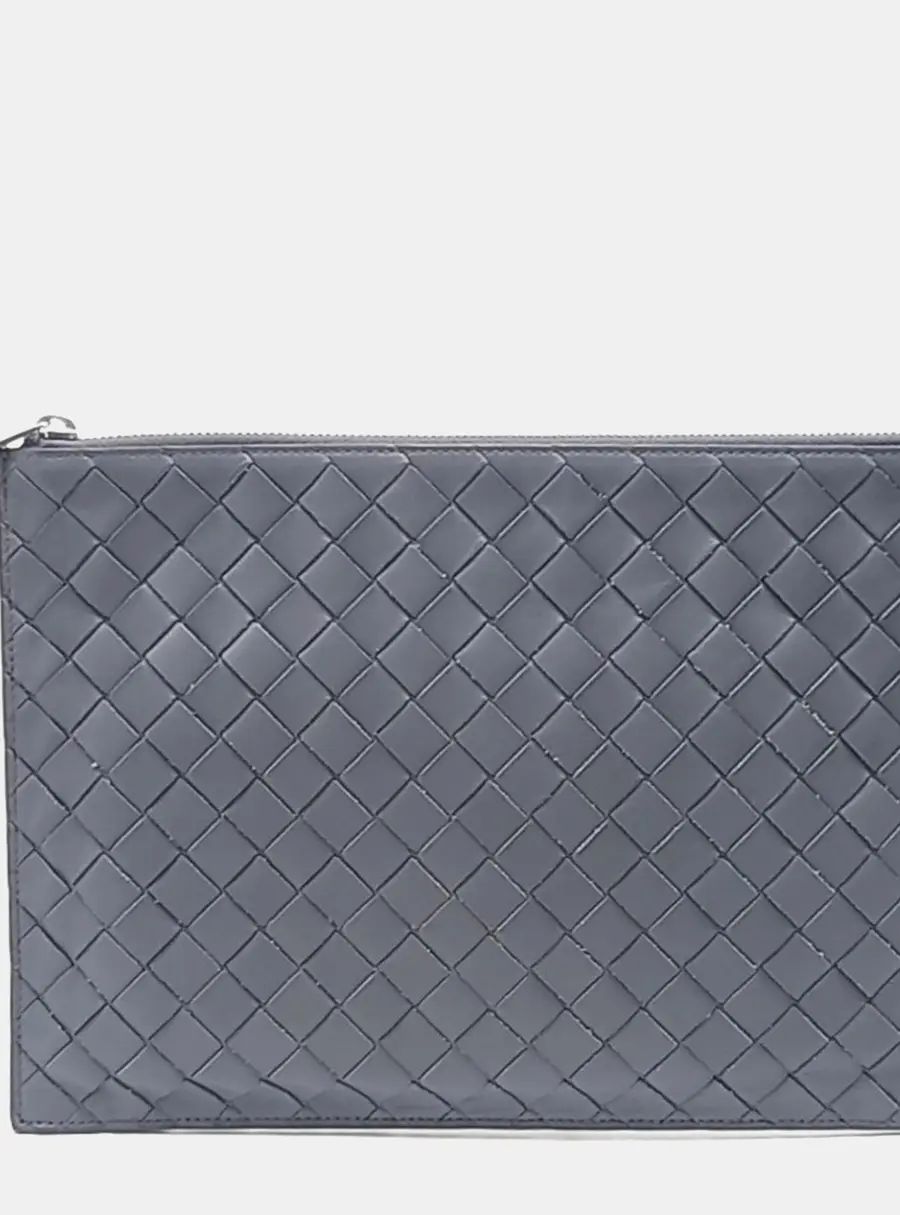 Bottega Veneta Intrecciato Wristlet Pouch Grey Lambskin Leather Clutch Bag