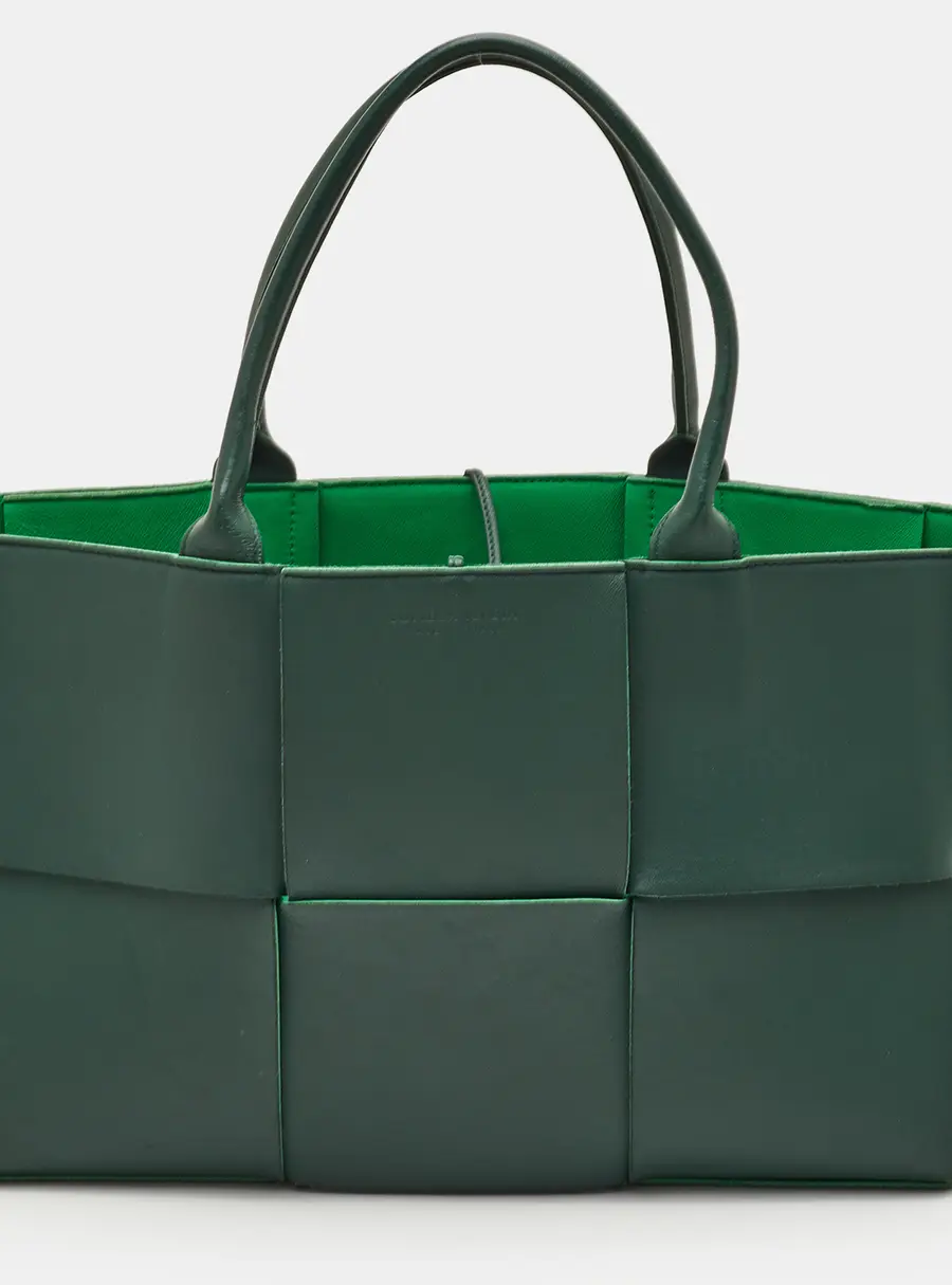 Bottega Veneta Arco Small Dark Green Intreccio Leather Tote