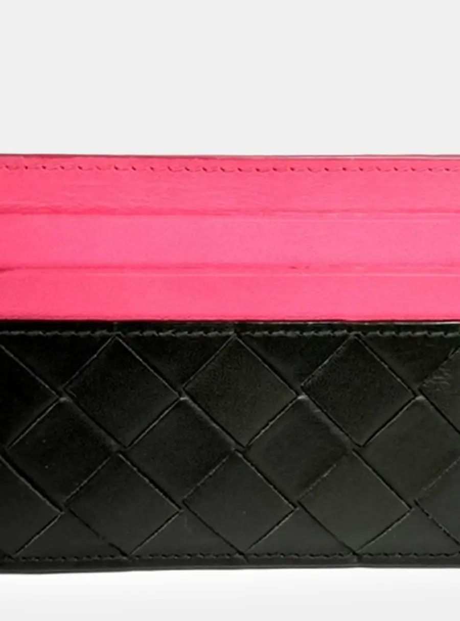 Bottega Veneta Intrecciato Black Pink Leather Card Holder Wallet