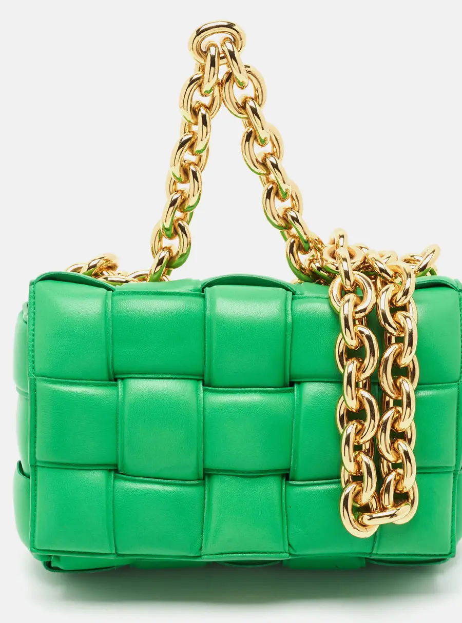 Bottega Veneta Cassette Padded Chain Green Leather Shoulder Bag