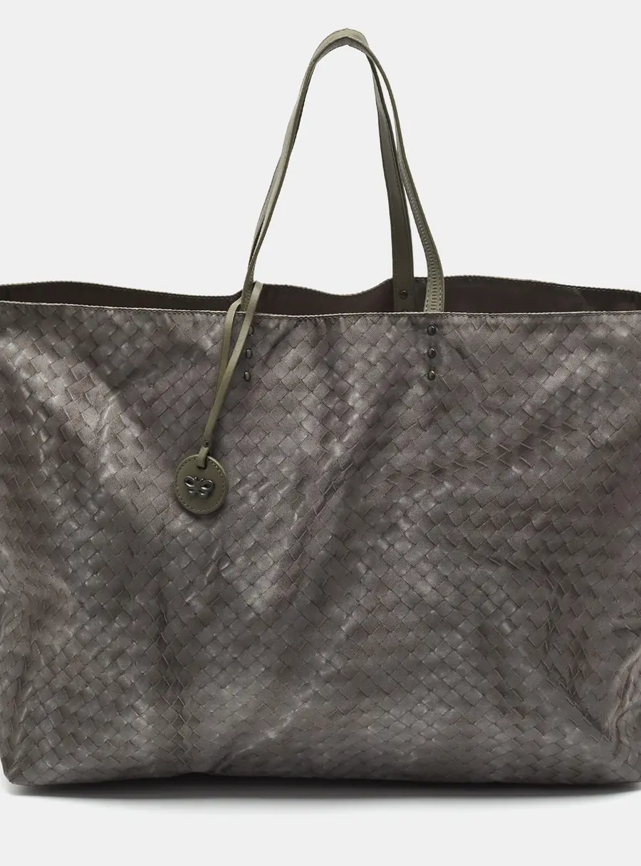 Bottega Veneta Grey Intrecciato Print Nylon and Leather Tote