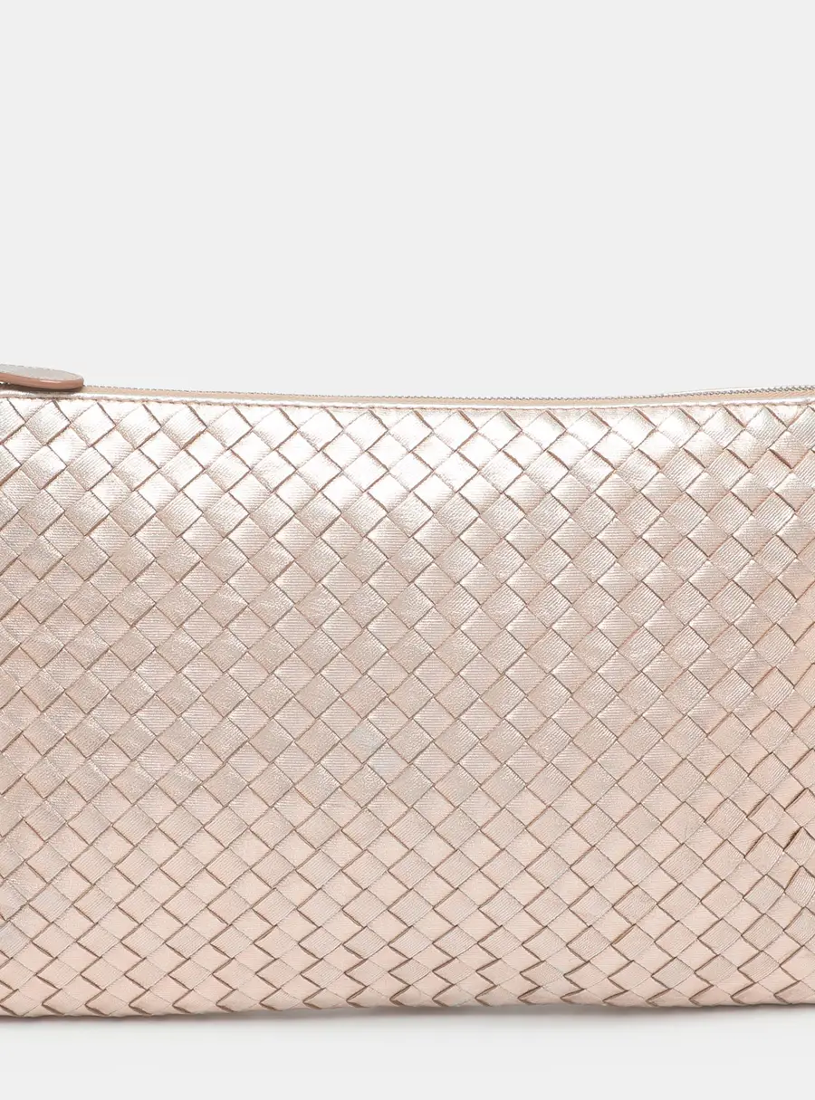 Bottega Veneta Metallic Pink Intrecciato Leather Pouch Clutch