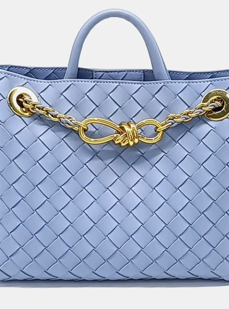Bottega Veneta Andiamo Small Blue Intrecciato Leather Top Handle Bag