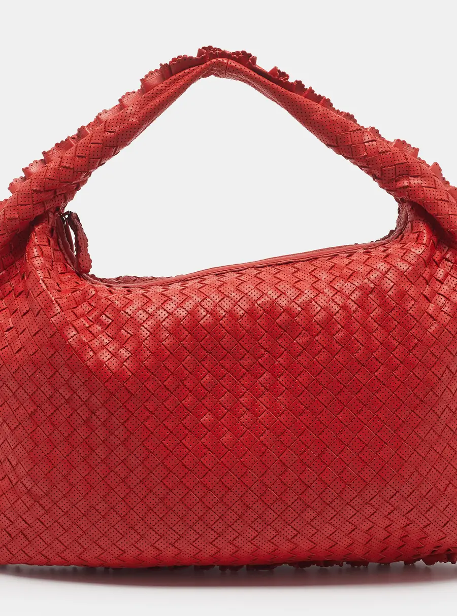 Bottega Veneta Veneta Ruffle Red Perforated Leather Hobo