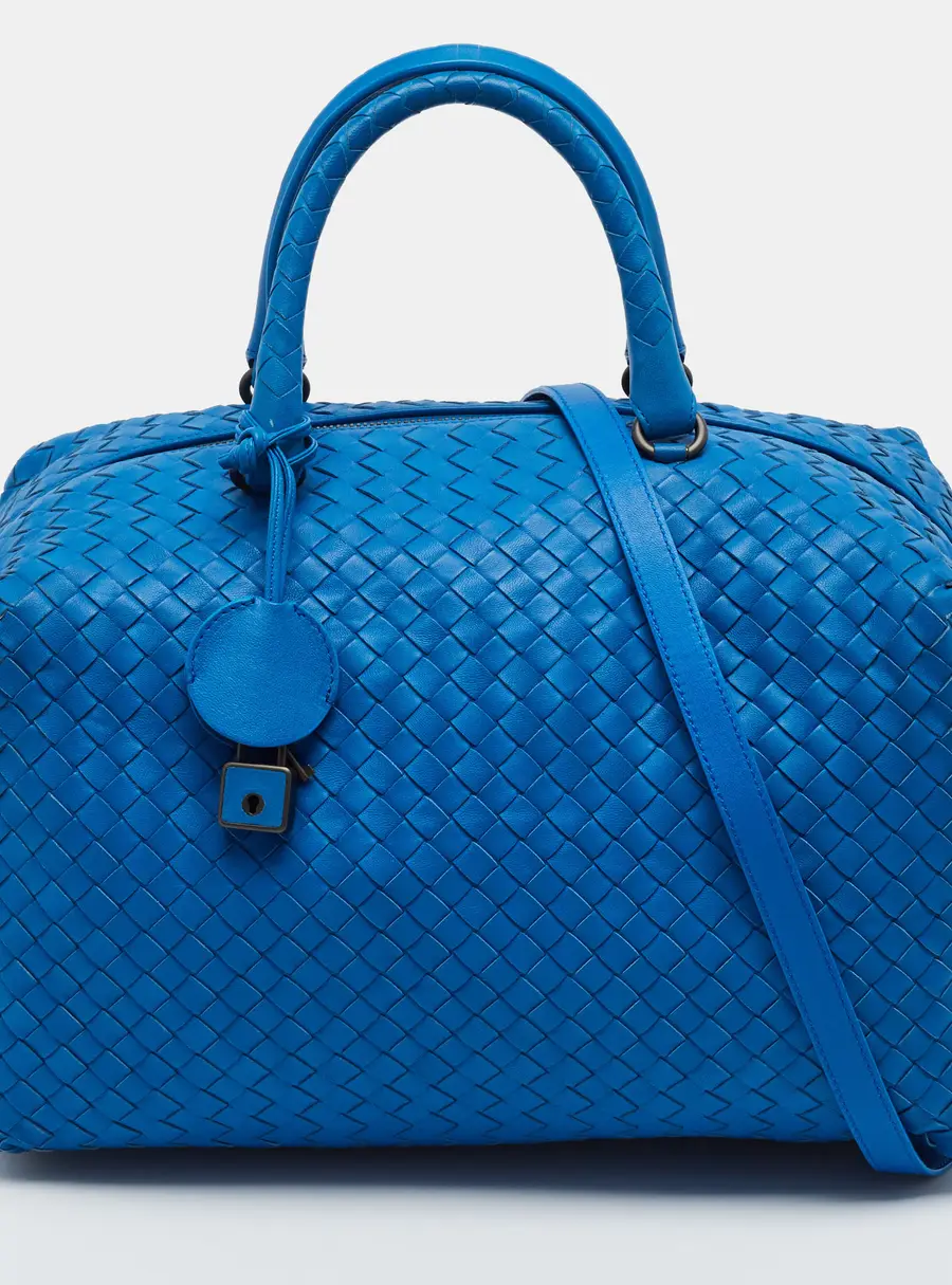 Bottega Veneta Blue Intrecciato Leather Boston Bag