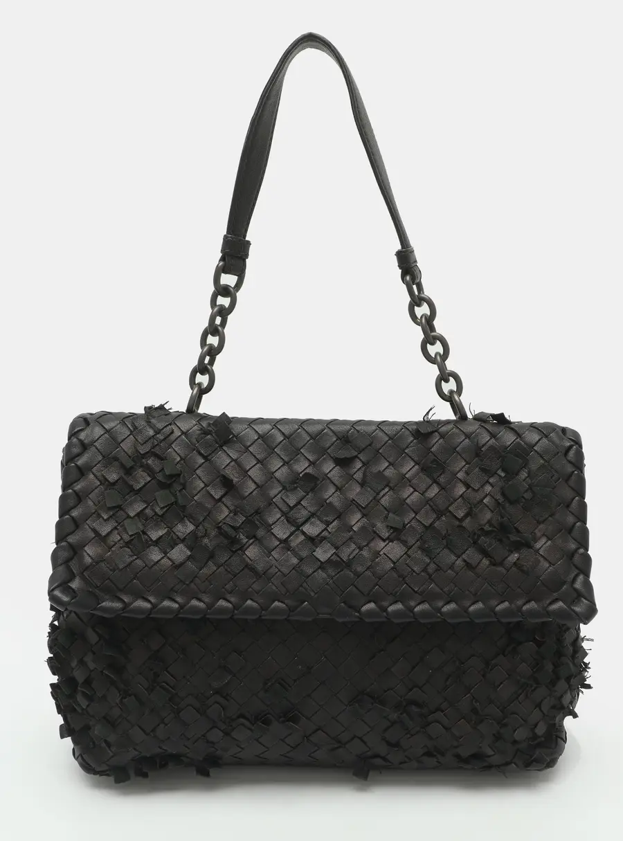 Bottega Veneta Tobu Olimpia Medium Metallic Black Intrecciato Leather Shoulder Bag