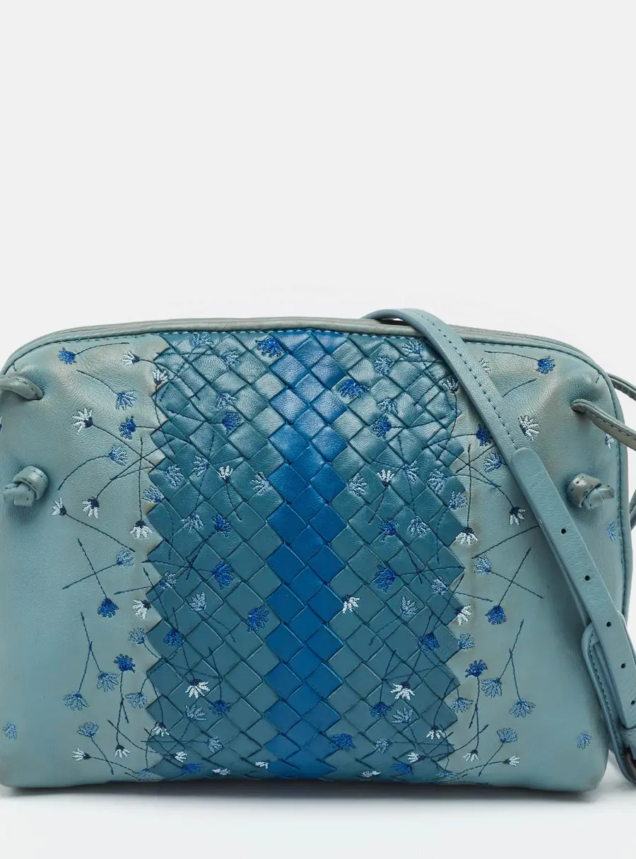 Bottega Veneta Nodini Floral Embroidered Blue Intrecciato Leather Crossbody Bag