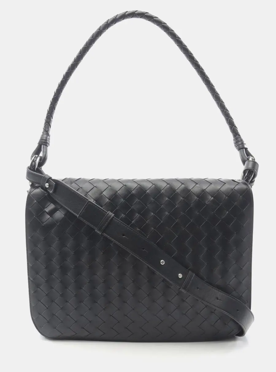 Bottega Veneta Swing Medium Black Intrecciato Calfskin Leather Messenger Bag