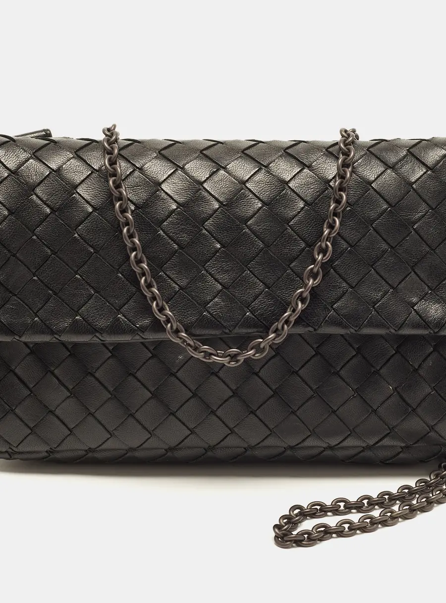 Bottega Veneta Black Intrecciato Leather Chain Crossbody Bag