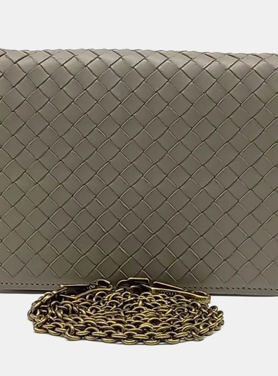 Bottega Veneta Mesh Beige Grey Leather Mini Crossbody Bag