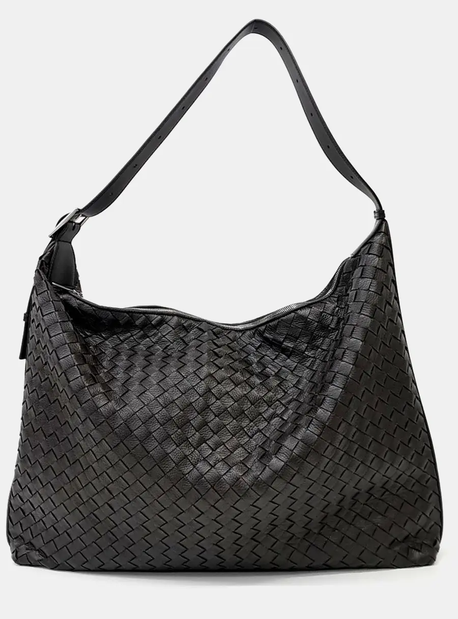 Bottega Veneta Traveler Black Intrecciato Leather Hobo Bag