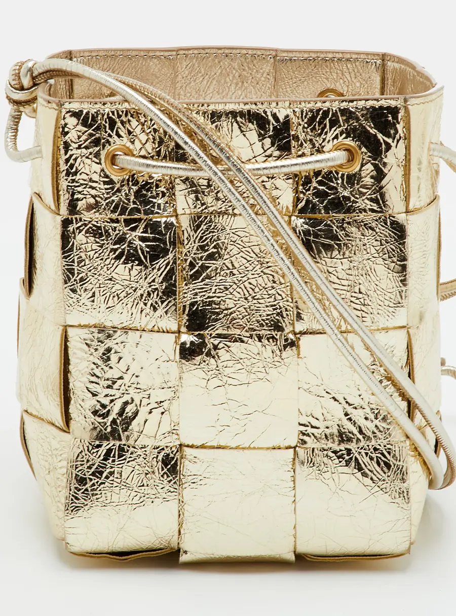 Bottega Veneta Cassette Small Gold Metallic Intrecciato Leather Bucket Bag