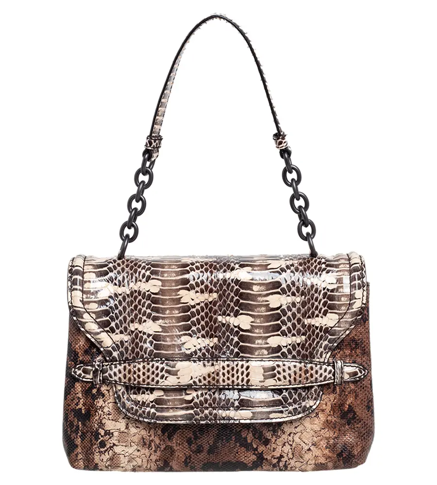 Bottega Veneta Brown Intrecciato Karung and Watersnake Detail Flap Shoulder Bag