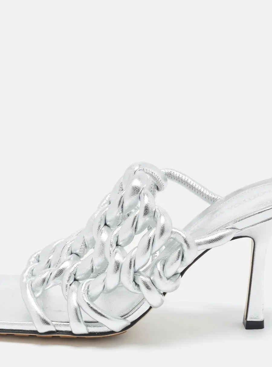 Bottega Veneta Stretch Size 37 Silver Woven Leather Slide Sandals