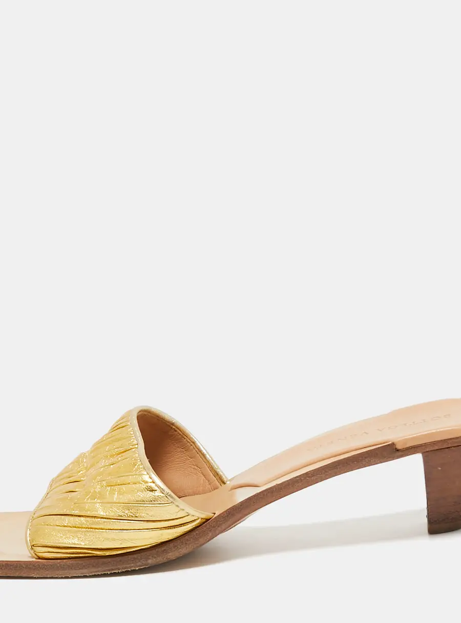 Bottega Veneta Gold Pleated Leather Slide Sandals Size 38.5