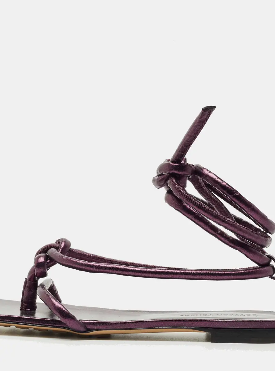 Bottega Veneta Metallic Purple Leather Knot Ankle Strap Flats Size 39