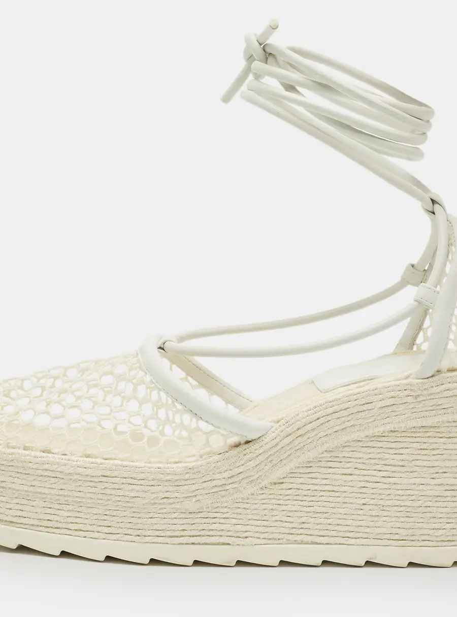 Bottega Veneta White Mesh and Leather Sporty Web Wedge Espadrille Sandals Size 39