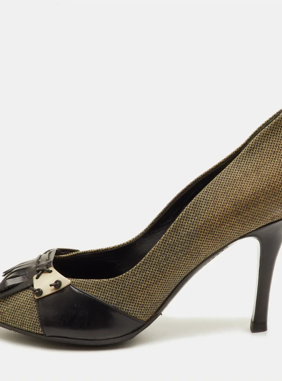 Bottega Veneta Fringe Detailed Size 39.5 Black/Green Canvas and Leather Peep Toe Pumps