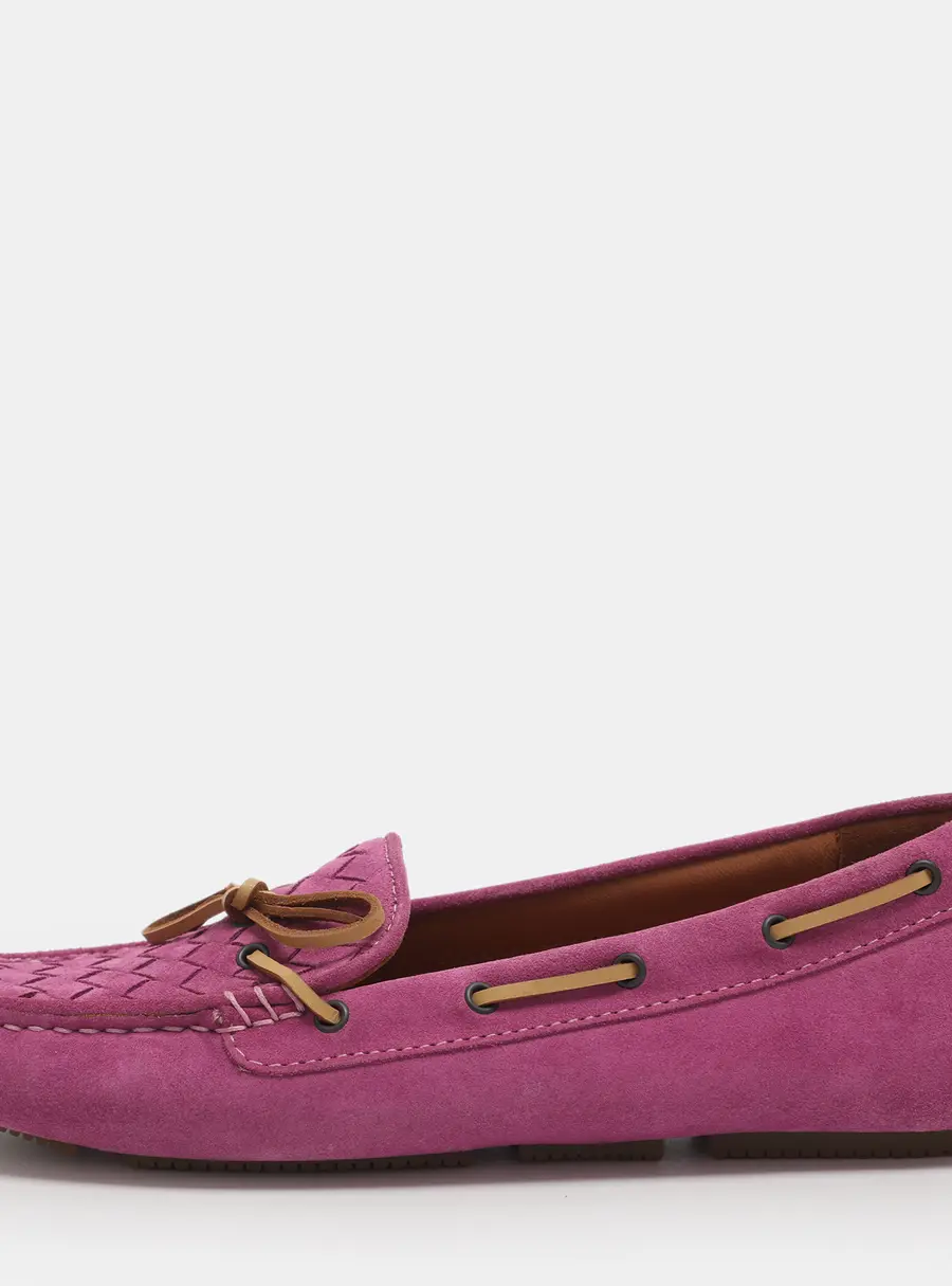 Bottega Veneta Bow Size 38 Pink Intrecciato Suede And Brown Leather Trim Loafers