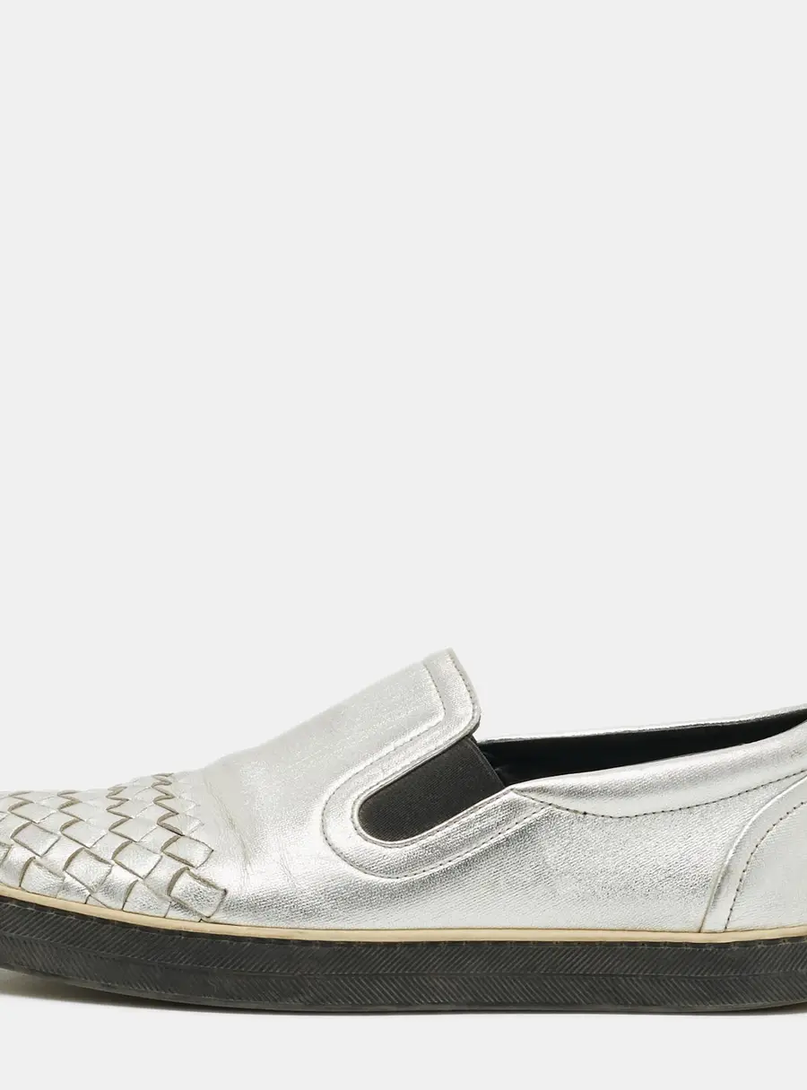 Bottega Veneta Dodger Size 37 Silver Intrecciato Leather Slip On Sneakers