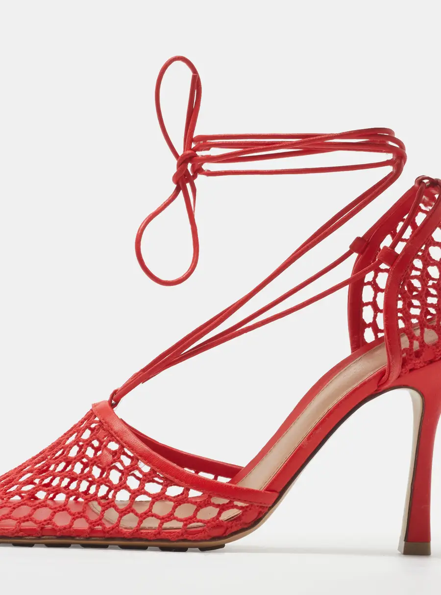 Bottega Veneta Strech Size 40 Coral Red Leather and Mesh Ankle Wrap Pumps
