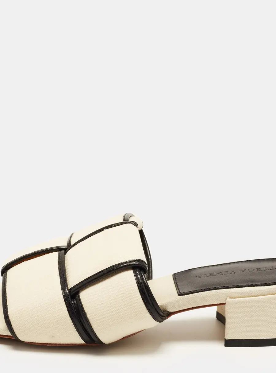 Bottega Veneta Lido Size 37 Cream/Black Canvas and Leather Block Heel Slide Sandals