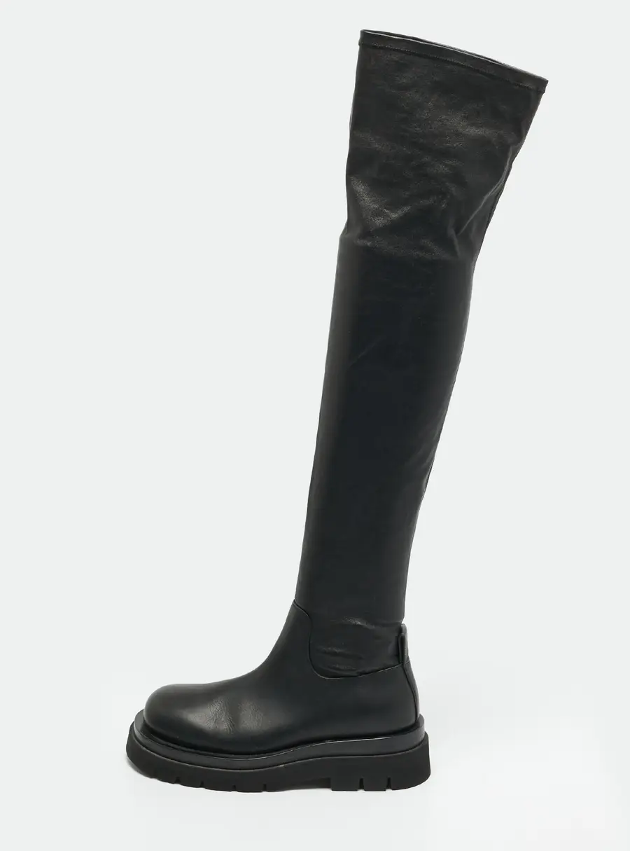 Bottega Veneta Lug Size 37 Black Leather Knee Length Boots