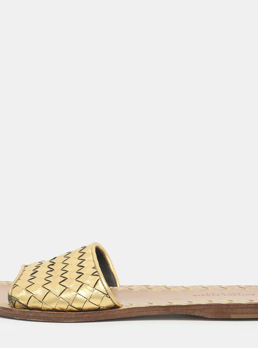 Bottega Veneta Size 37.5 Metallic Gold Intrecciato Leather Flat Slides