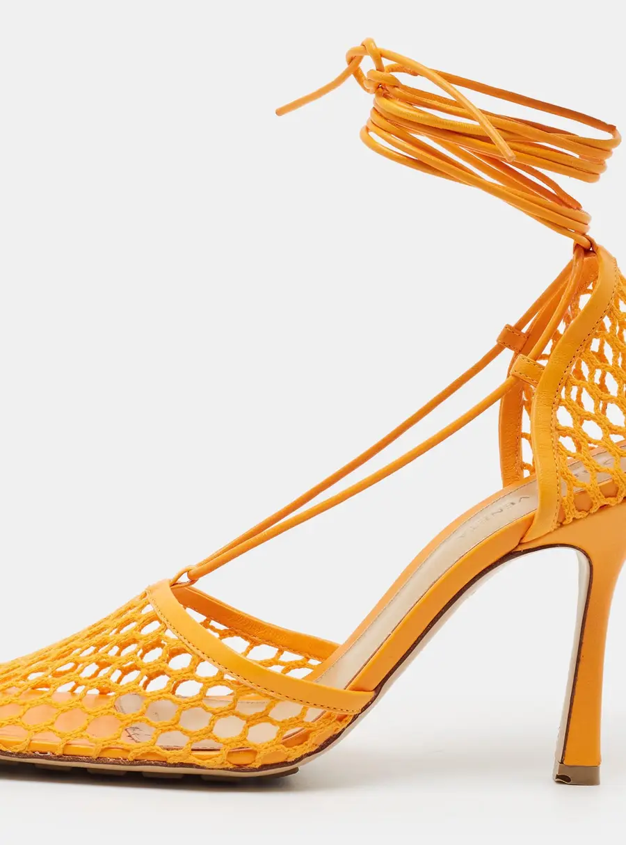Bottega Veneta Stretch Size 39 Orange Leather and Mesh Ankle Strap Sandals