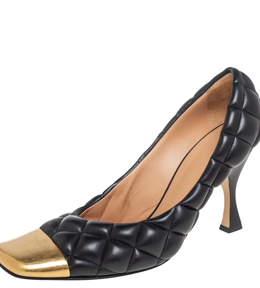 Bottega Veneta Quilted Black Leather Square Metal Cap Toe Pumps Size 39