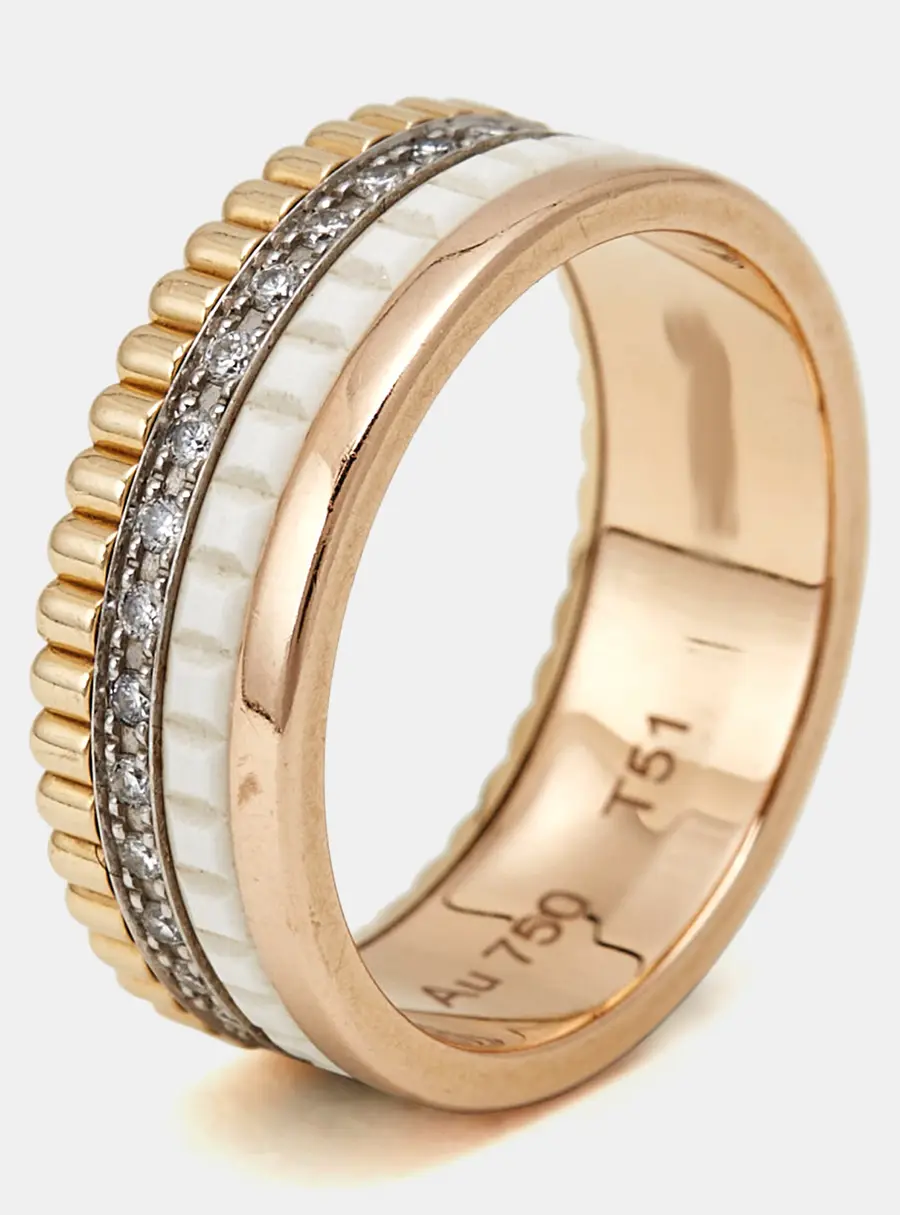 Boucheron White Edition Quatre Classique Diamonds 18k Three Tone Gold Ring Size 51