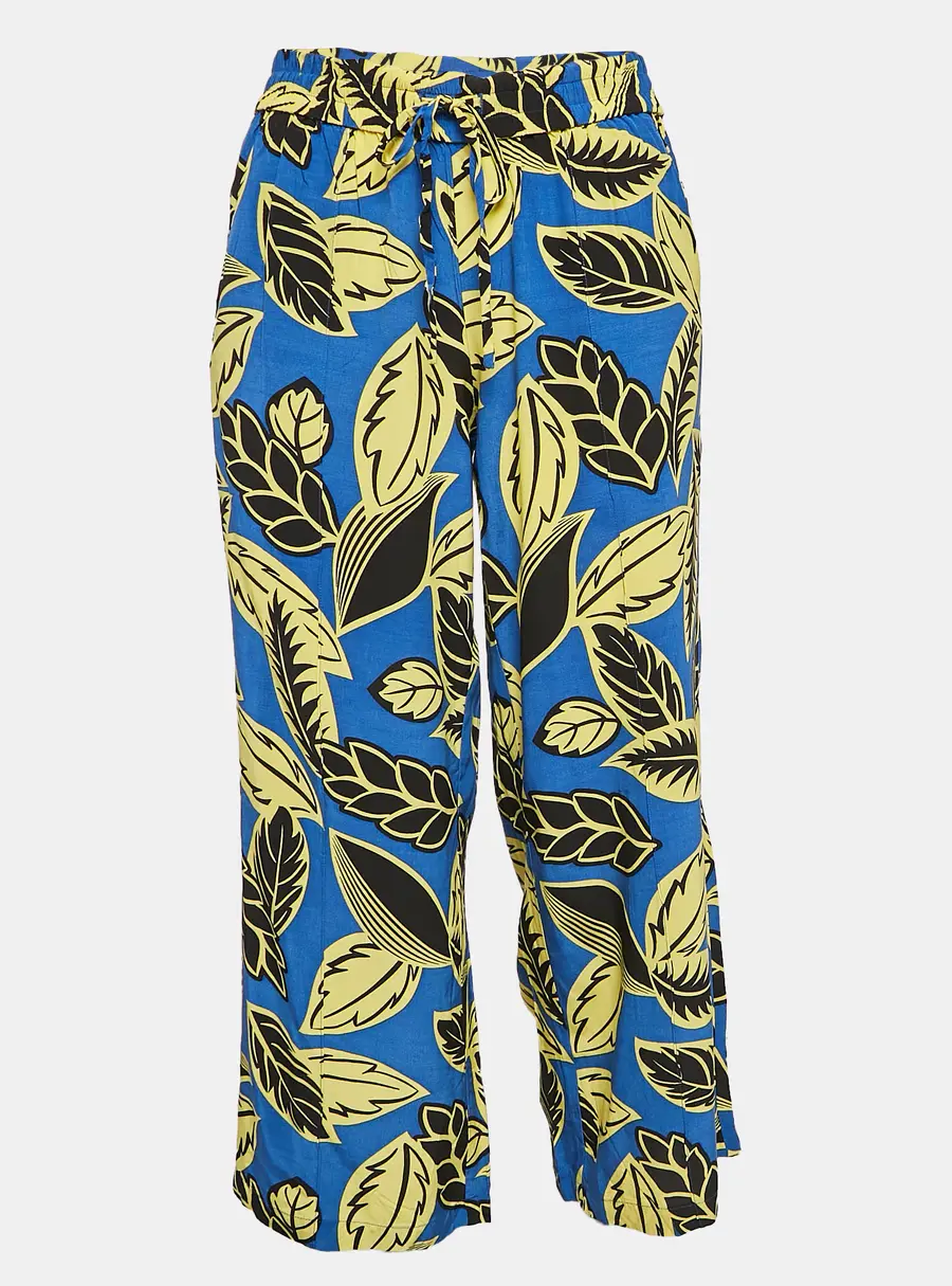 Boutique Moschino Blue/Yellow Leaf Print Crepe Trousers M