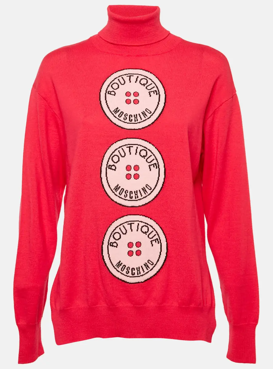 Boutique Moschino Pink Button Intarsia Wool Knit Turtle Neck Sweater M