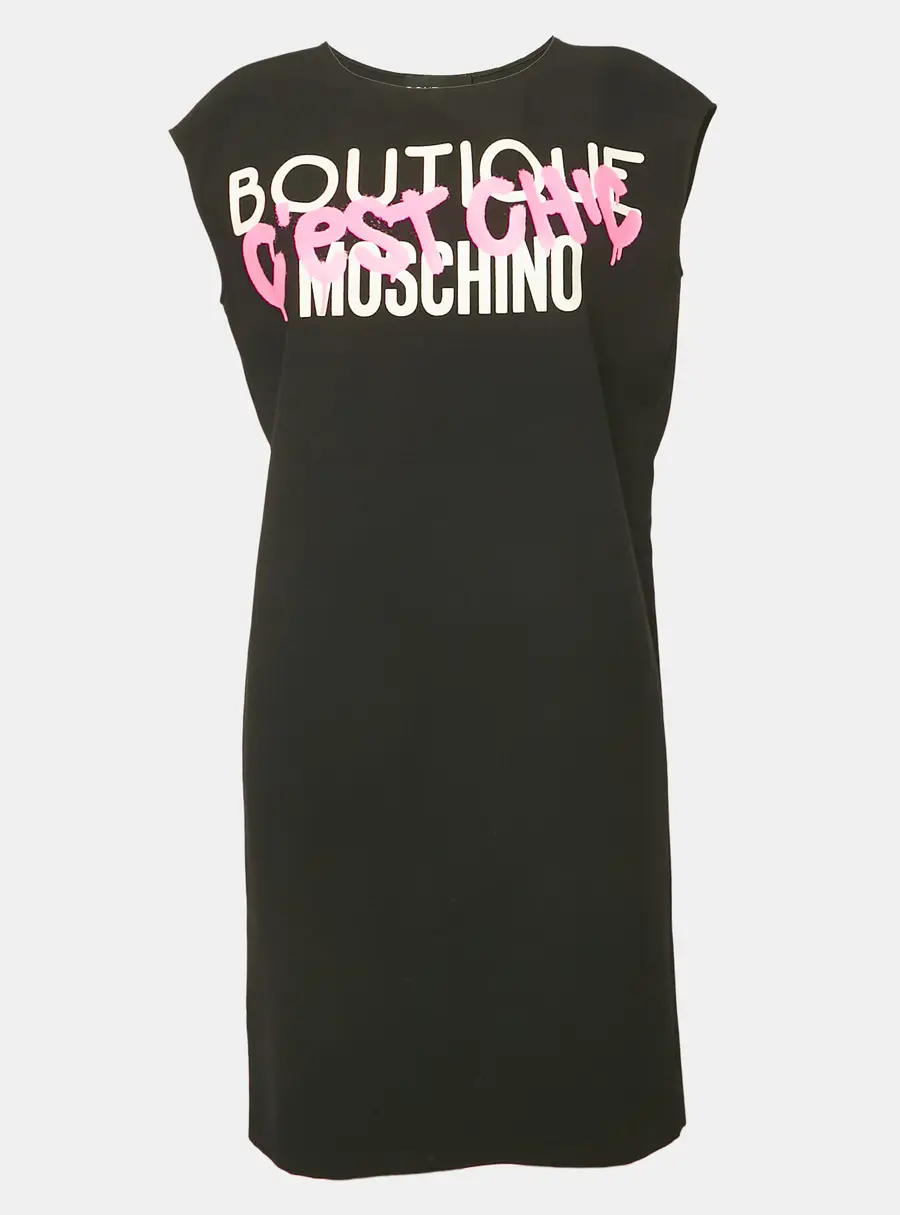 Boutique Moschino Black Printed Crepe Shift Dress S