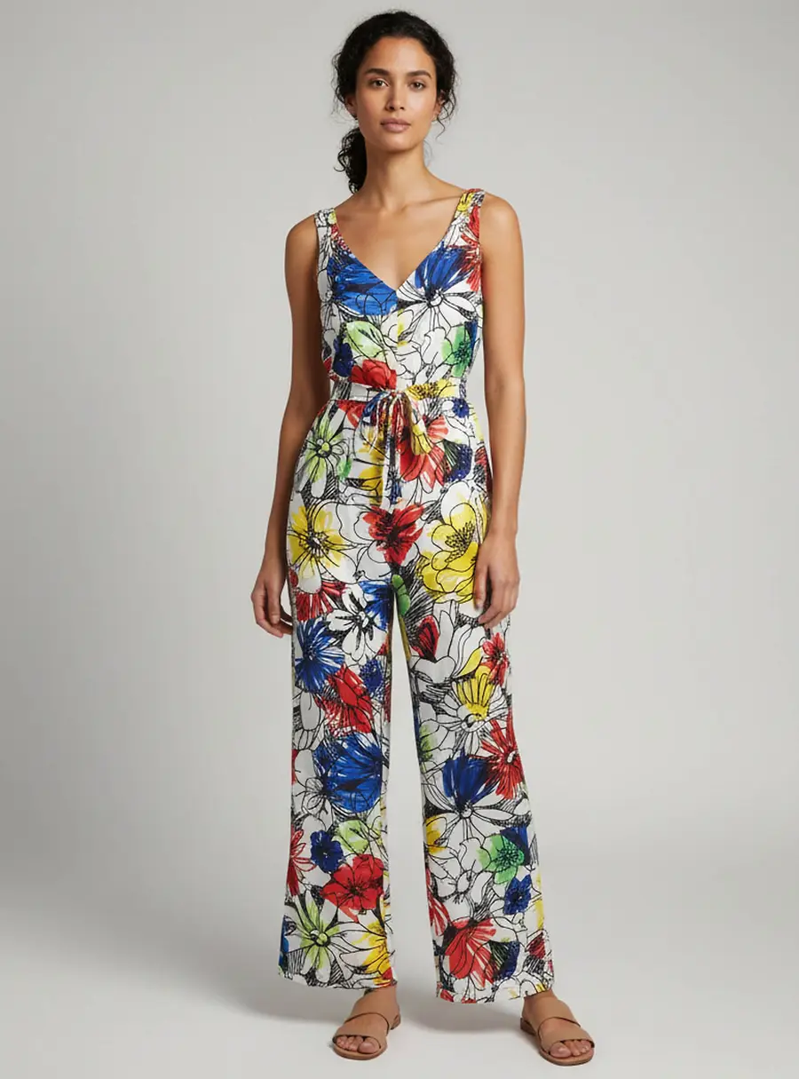 Boutique Moschino Multicolor Floral Print Satin Belted Jumpsuit M