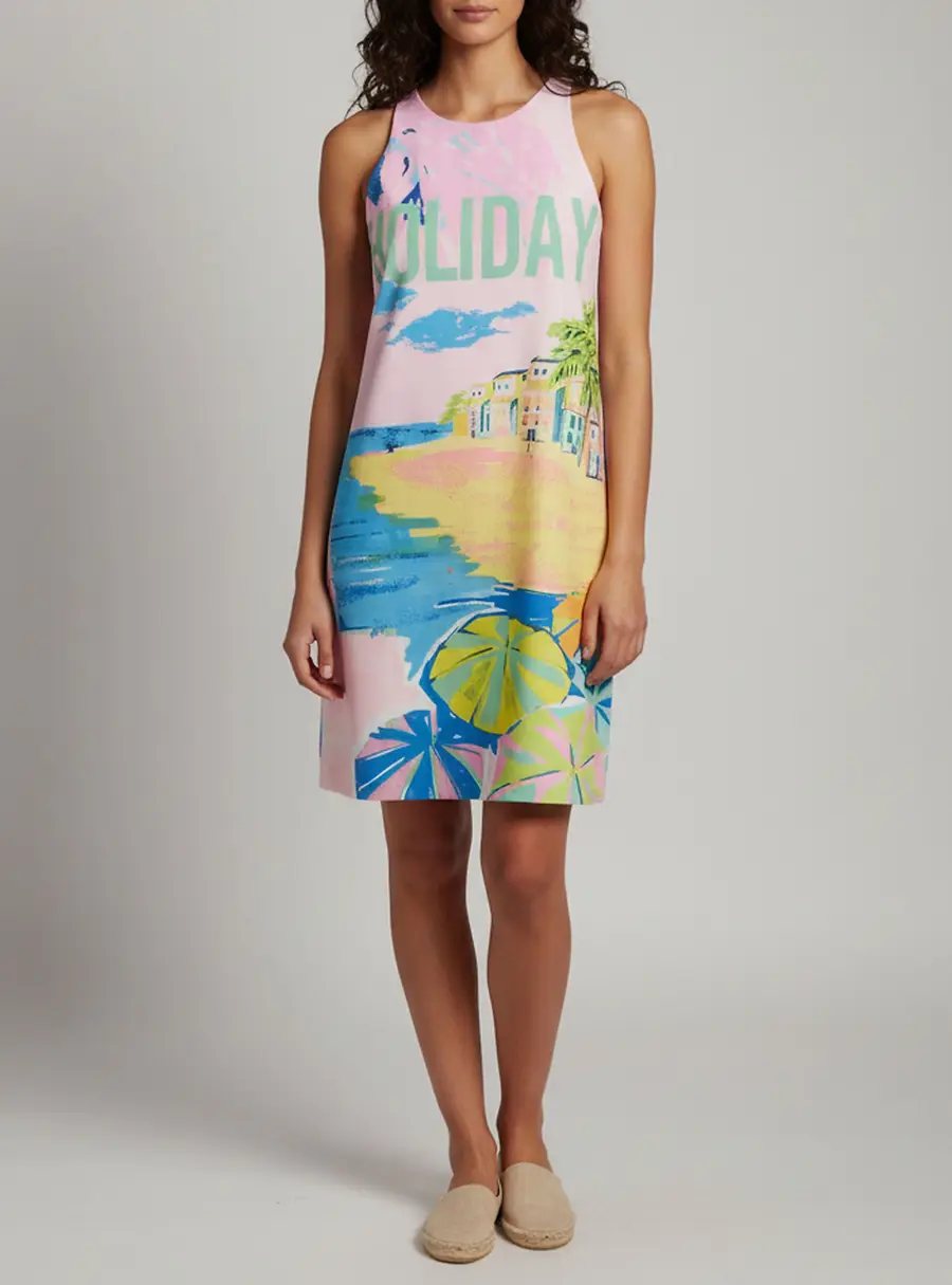 Boutique Moschino Pink Holiday Landscape Print Crepe Shift Dress S