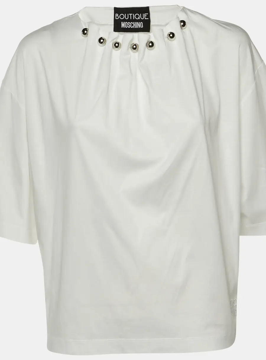 Boutique Moschino White Cotton Knit Pleated Neck T-Shirt M