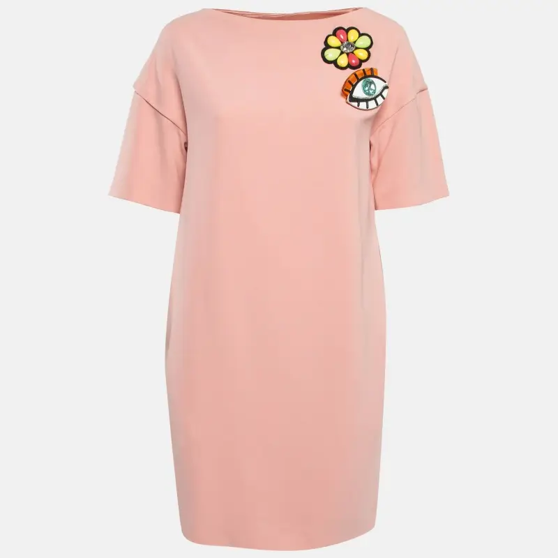 Boutique Moschino Pink Brooch Applique Crepe Shift Dress S