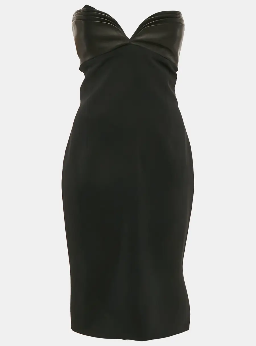 Brandon Maxwell Black Crepe Leather Trimmed Strapless Knee-Length Dress M