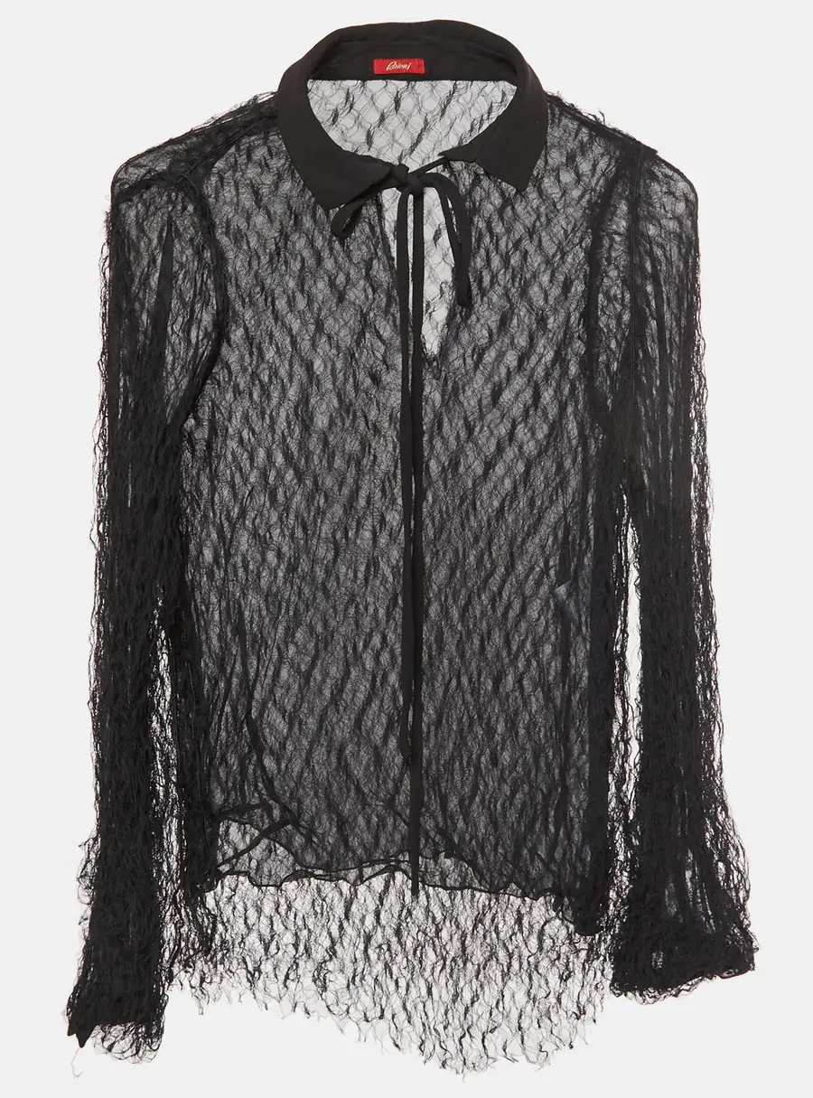 Brioni Black Sheer Nylon and Silk Mesh Neck Tie Blouse S