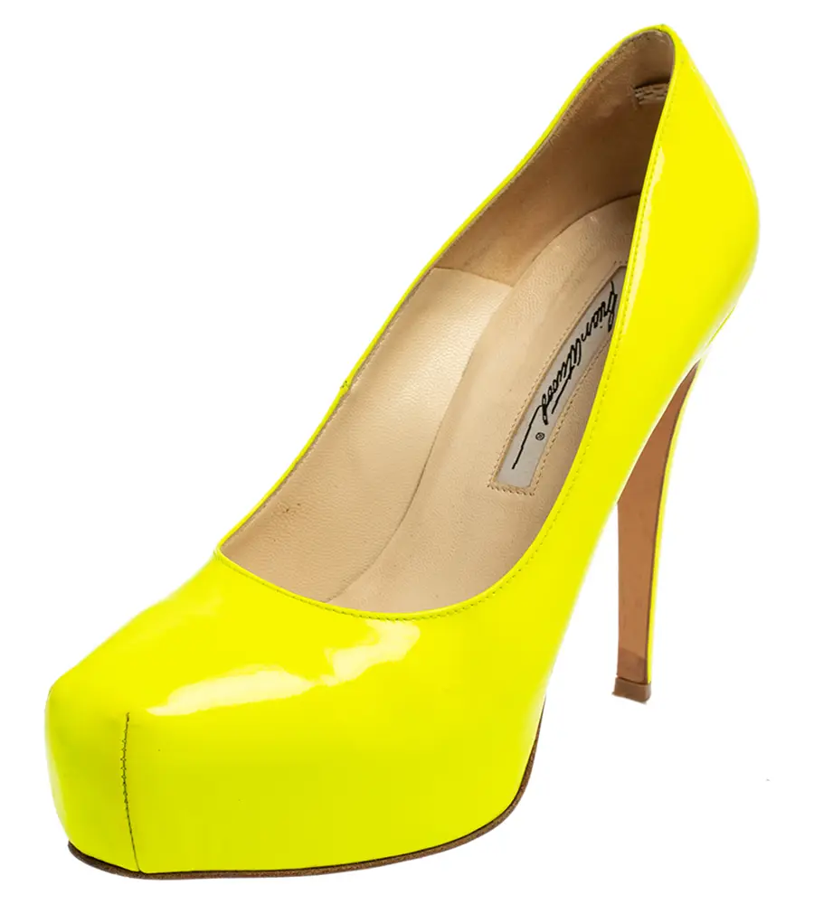 Brian Atwood Neon Green Patent Leather Platform Pumps Size 36.5